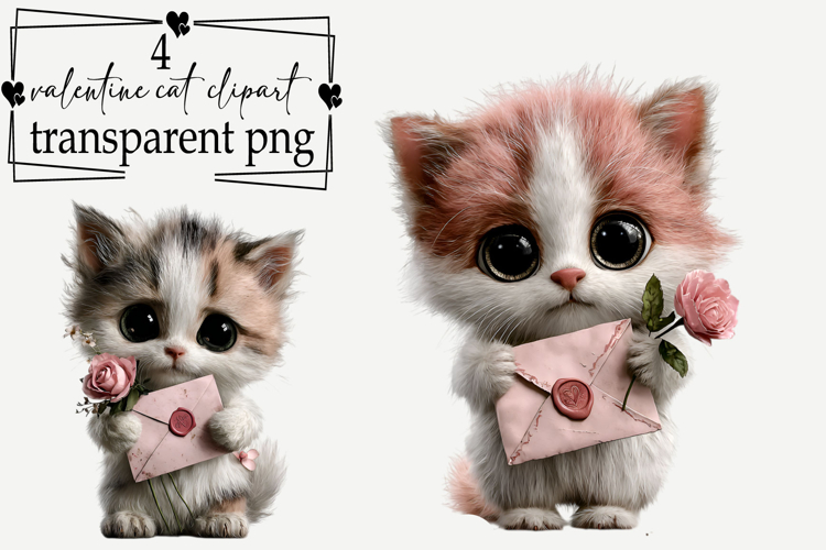 Valentine Cat Love Clipart Watercolor PNG