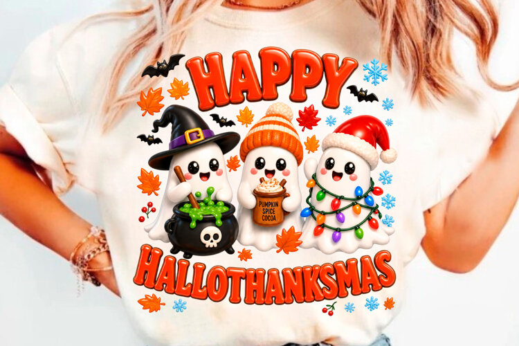 Happy Hallothanksmas T-Shirt Design With Cute Ghost example image 1
