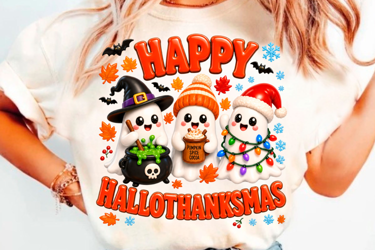 Happy Hallothanksmas T-Shirt Design With Cute Ghost