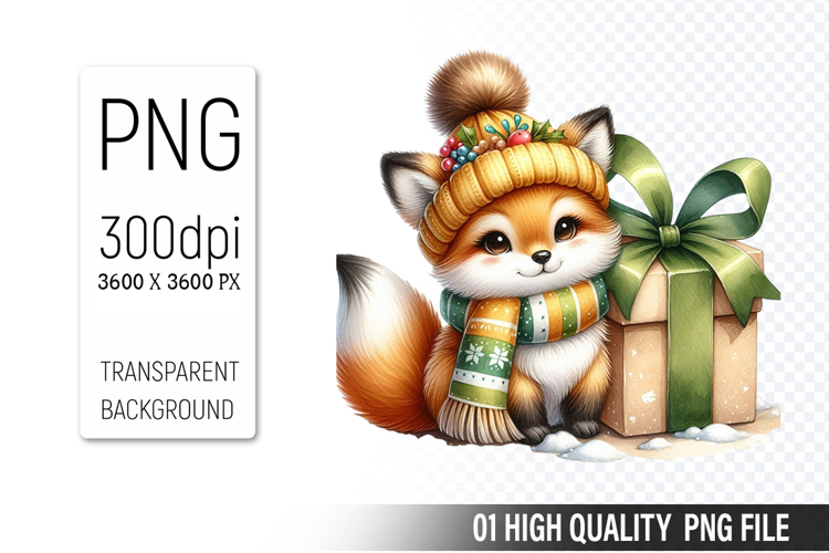 Christmas Fox Clipart PNG, Watercolor Christmas Animals example image 1