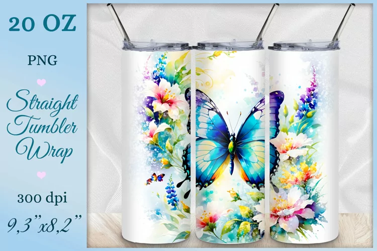 Watercolor Butterfly Tumbler Wrap, Sublimation Design, Png