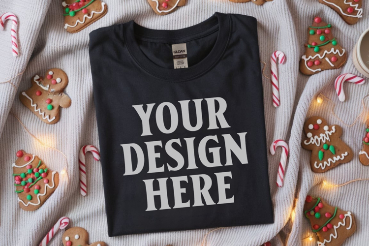 Gildan 64000 Black Folded Christmas Flat Lay T-shirt Mockup