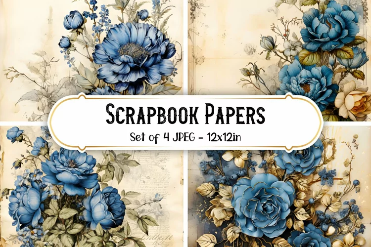 4 Blue Vintage Rose Paper Backgrounds | Scrapbook papers