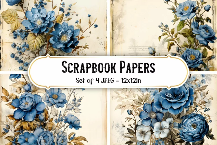 4 Blue Vintage Rose Paper Backgrounds | Scrapbook papers