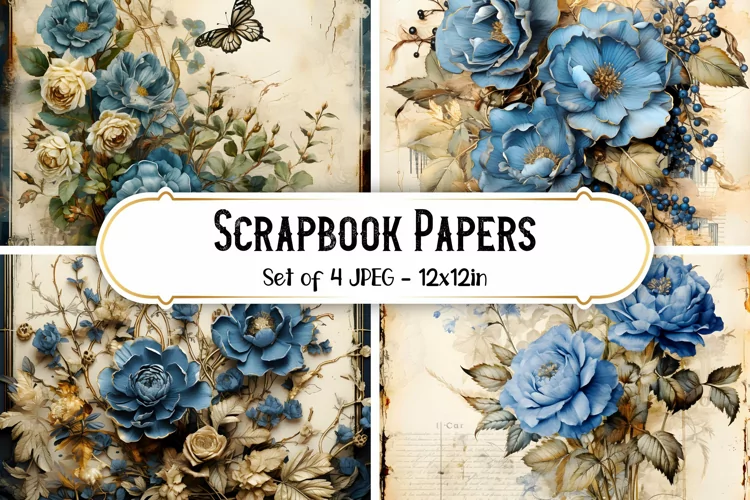 4 Blue Vintage Rose Paper Backgrounds | Scrapbook papers