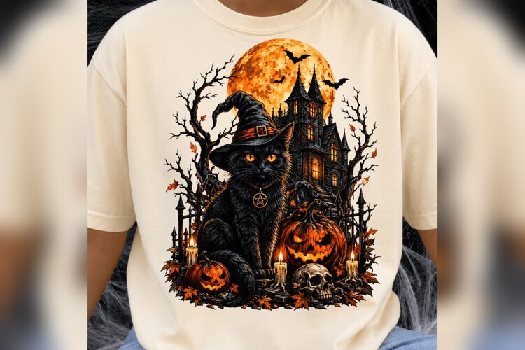 Halloween Black Cat PNG, Witch Cat Haunted House Pumpkin Des example image 1