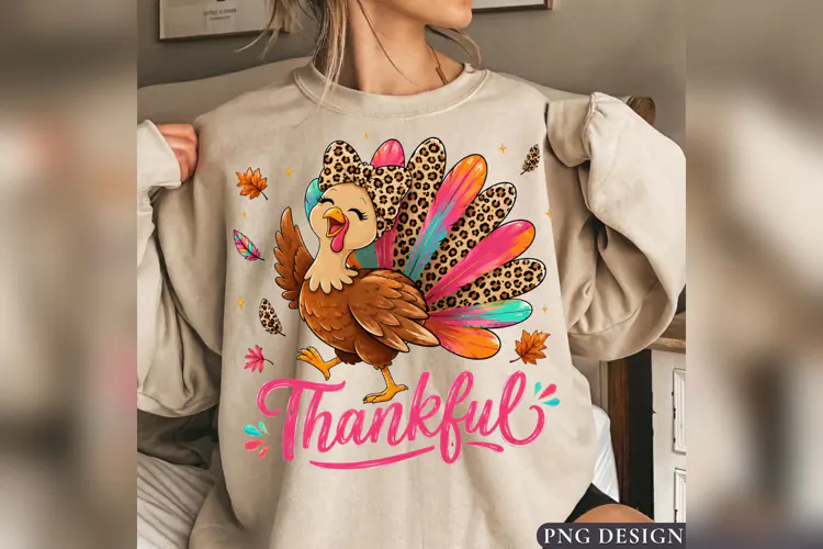 Thankful Turkey PNG, Leopard Bow Thanksgiving Design, Girly