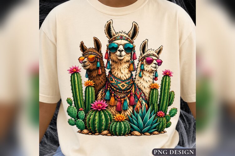 Llama Cactus PNG, Colorful Boho Alpaca Design, Western Deser example image 1