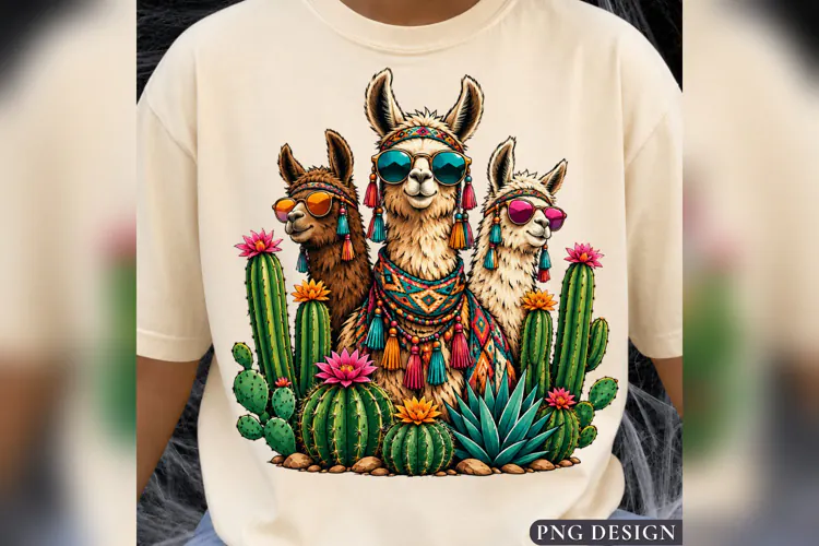 Llama Cactus PNG, Colorful Boho Alpaca Design, Western Deser