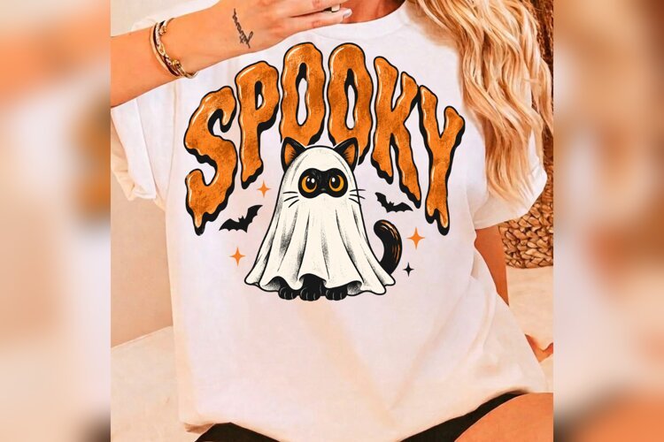 Spooky Cat PNG, Cute Halloween Ghost Cat Design, Retro Hallo example image 1