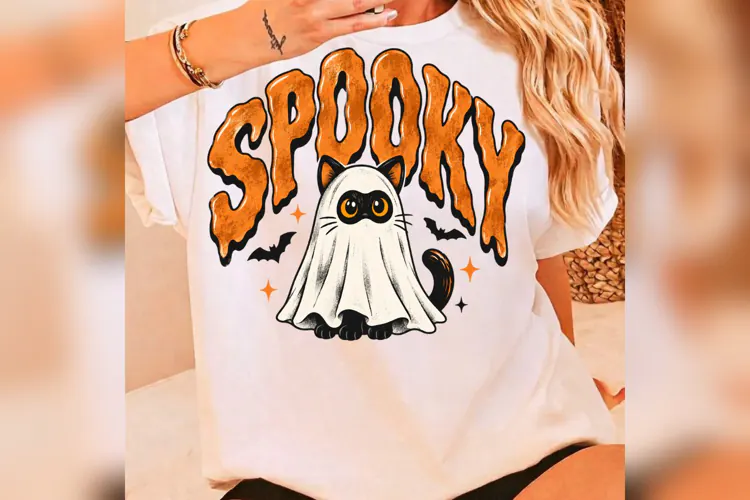 Spooky Cat PNG, Cute Halloween Ghost Cat Design, Retro Hallo