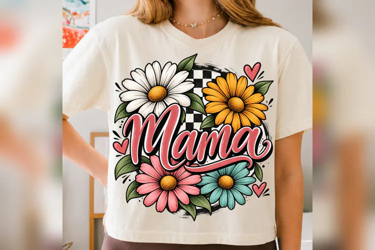 Floral Mama PNG, Retro Daisy Mom Design, Checkered Mother’s