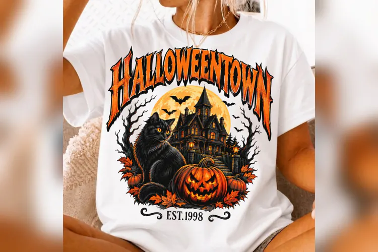 Halloween Town PNG, Black Cat Haunted House Pumpkin Design,