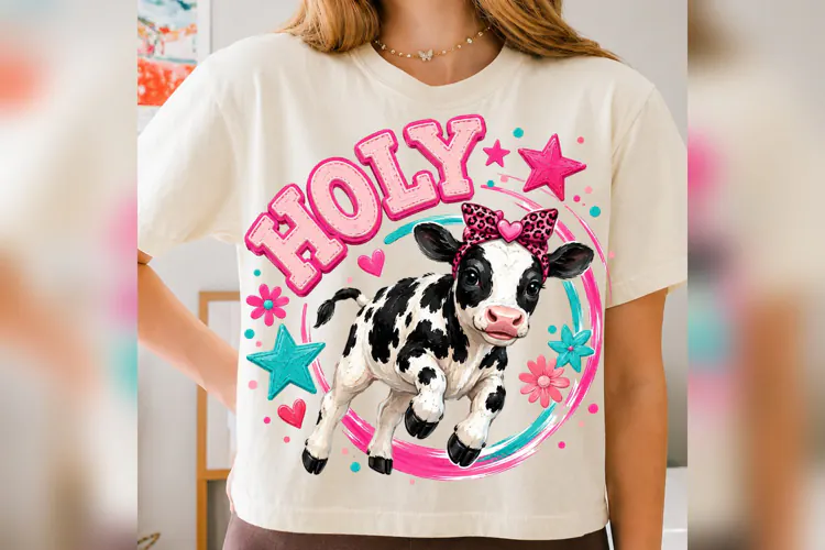 Holy Cow PNG, Cute Calf Leopard Bow Design, Preppy Farm Anim