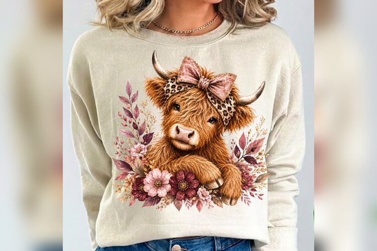 Floral Highland Cow PNG, Pink Leopard Bow Cow Design example image 1