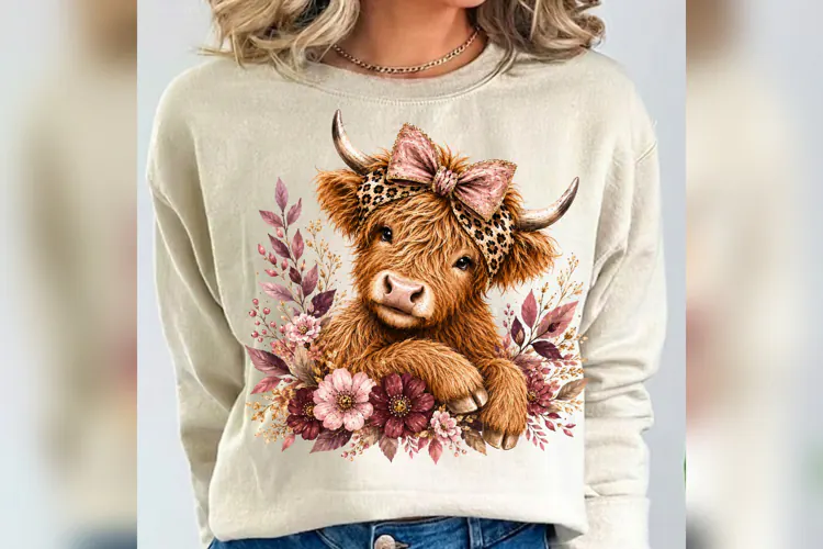 Floral Highland Cow PNG, Pink Leopard Bow Cow Design