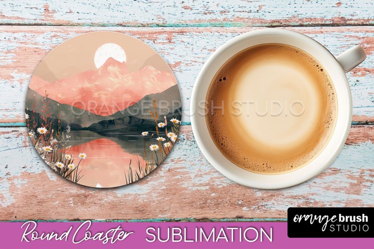 Boho Round Coaster Sublimation, Minimalist Landscape Design