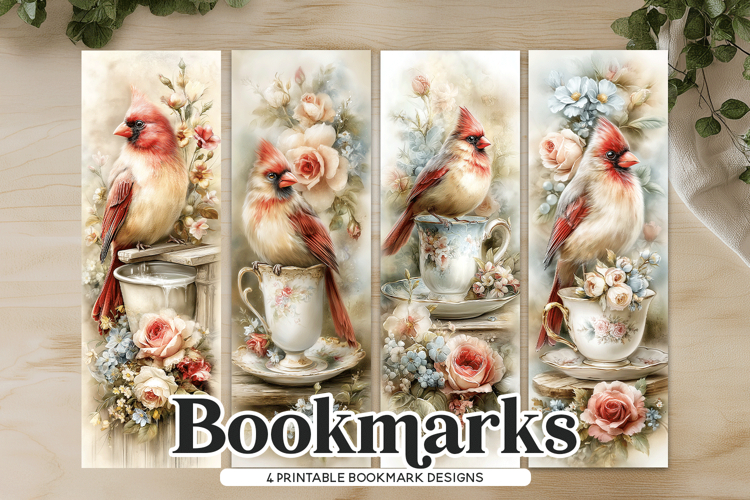 Tea Cup Cardinal Floral Printable Bookmarks