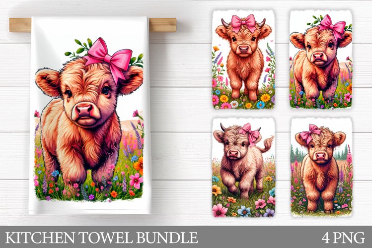 Highland Cow Kitchen Towel. Cow Flowers Kitchen Towel Design example image 1