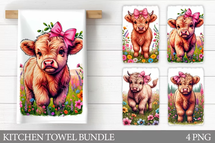 Highland Cow Kitchen Towel. Cow Flowers Kitchen Towel Design