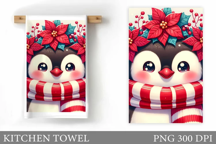 Cute Penguin Kitchen Towel. Christmas Kitchen Towel Design