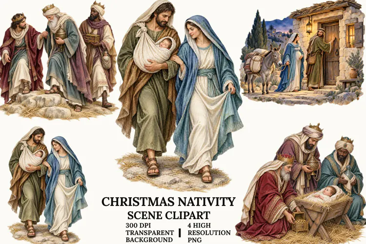 Christmas Nativity Clipart, Holy Family and Baby Jesus PNG