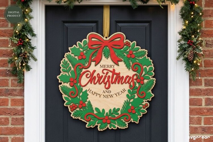 Christmas Door Sign Laser Cut | Xmas Wreath Sign | SVG example image 1