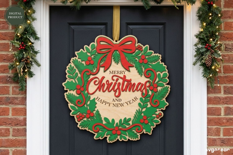 Christmas Door Sign Laser Cut | Xmas Wreath Sign | SVG