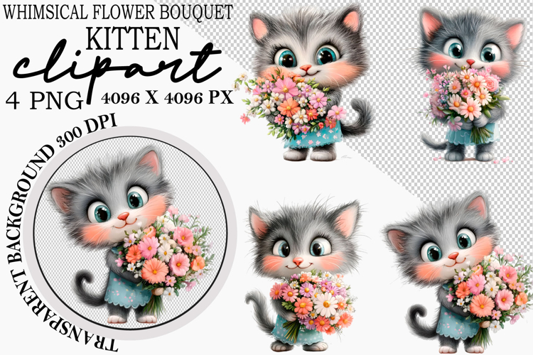 Whimsical Flower Bouquet Kitten Clipart