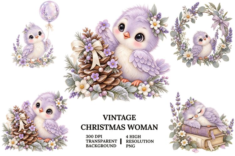 Lavender Christmas Owl Watercolor Sublimation PNG