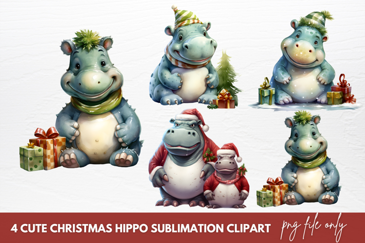 Cute Christmas Hippo Sublimation Clipart