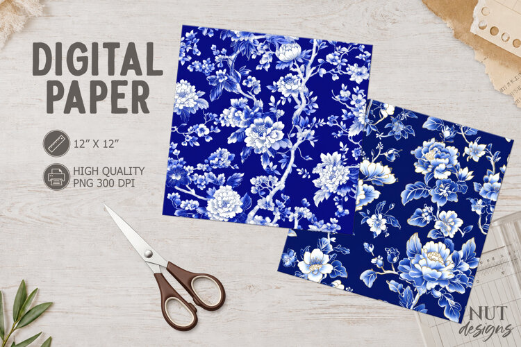 Blue White Floral Digital Paper Chinoiserie Floral Paper example image 1