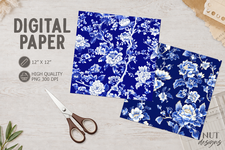 Blue White Floral Digital Paper Chinoiserie Floral Paper