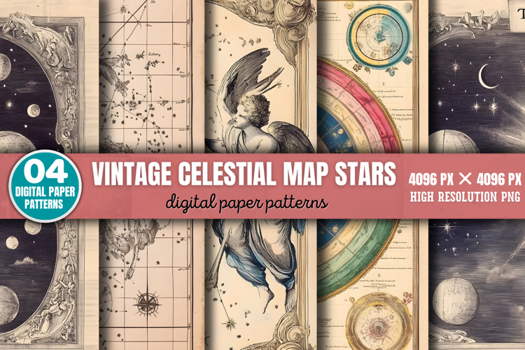 Vintage Celestial Map Stars Digital Paper Background PNG