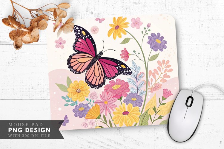 Butterfly and Floral Arrangement Mouse Pad PNG Design example image 1