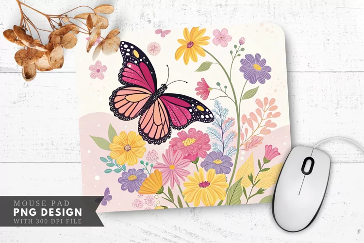 Butterfly and Floral Arrangement Mouse Pad PNG Design