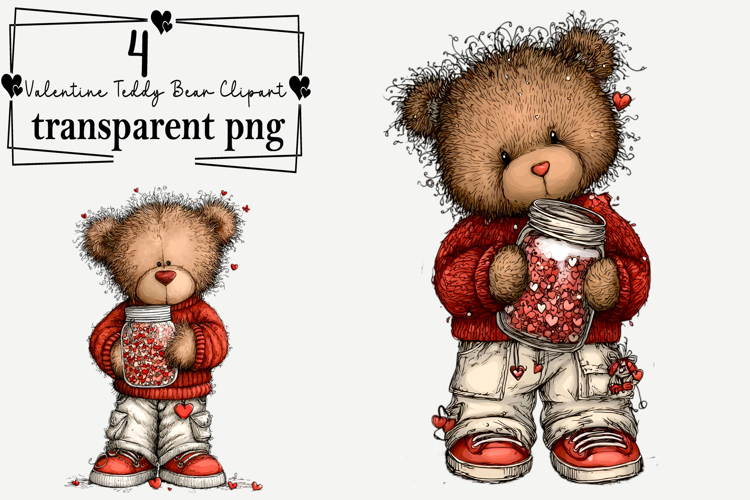 Valentine Teddy Bear Clipart Watercolor PNG example image 1