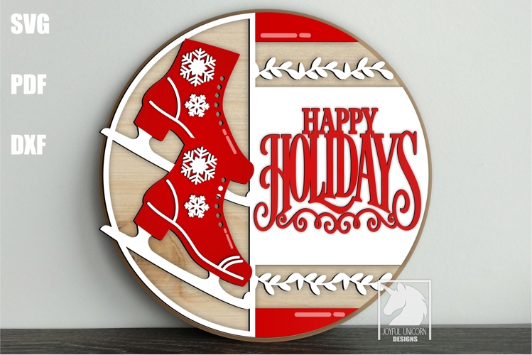 Happy Holidays Round Sign SVG | Christmas Ice Skates Sign example image 1