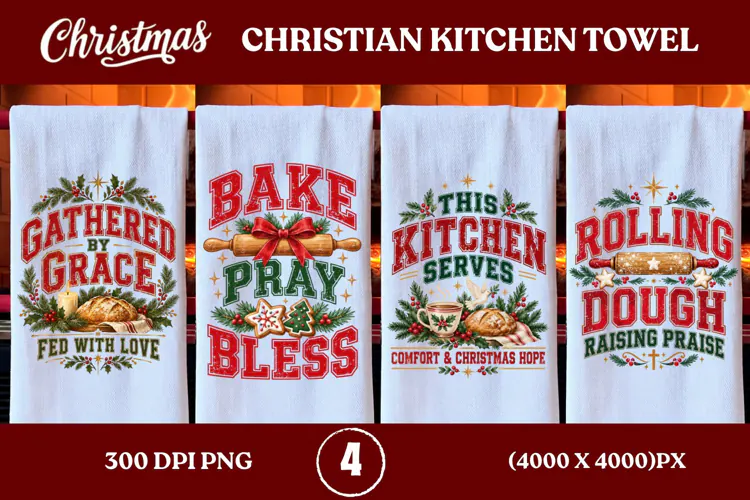 4 Christian Christmas Kitchen Towel PNGs, 4 Jesus Christmas