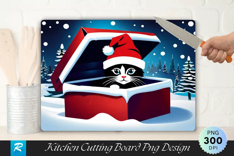 Festive Kitten Surprise Cutting Board Sublimation Design