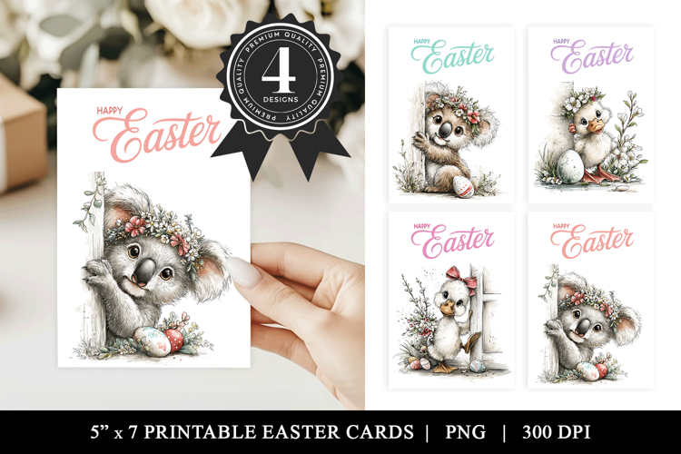 Cute Easter Animal Printable Card Set PNG