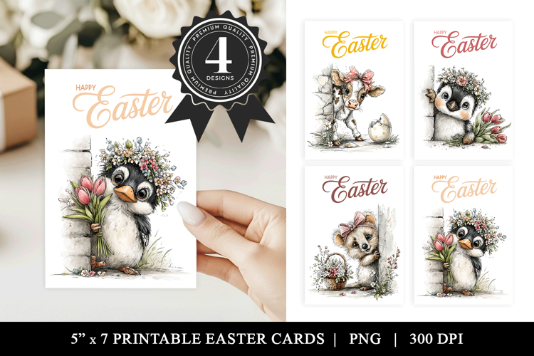 Easter Animal Friends Printable Card Set PNG