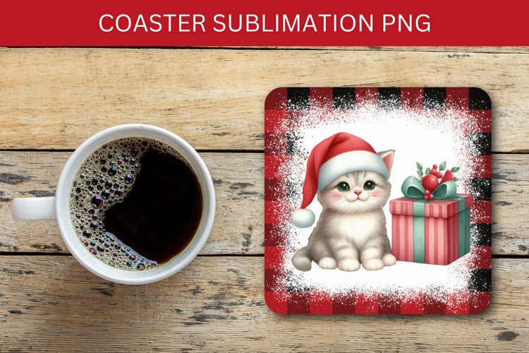 square coaster - cat with wrapped christmas gift