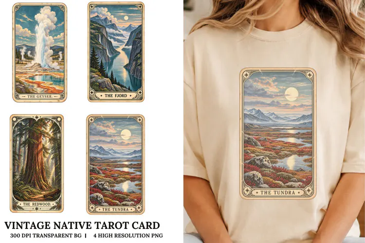 Vintage Nature Tarot Card PNG Mountain Landscape Sublimation
