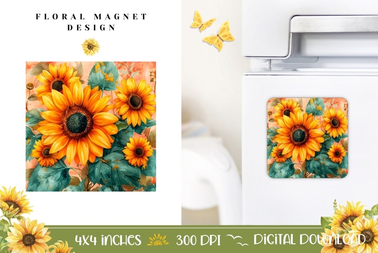 Floral Magnet Sublimation, Watercolor Sunflowers Magnet PNG