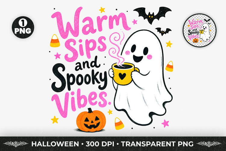 Warm Sips Spooky Vibes Halloween T-Shirt Design PNG