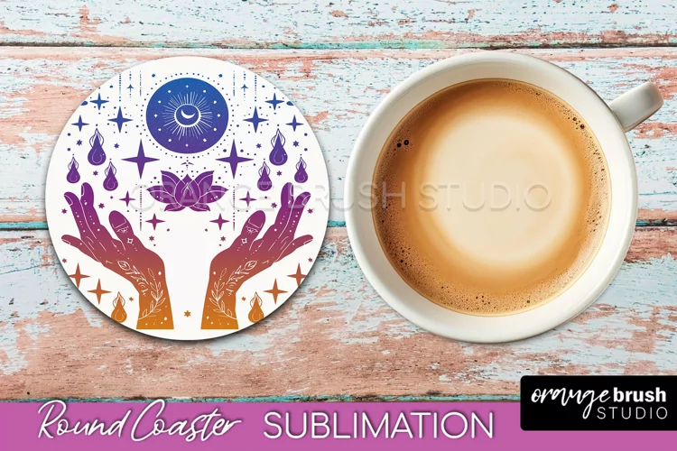 Celestial Coaster Sublimation, Boho Mystical Round Coaster