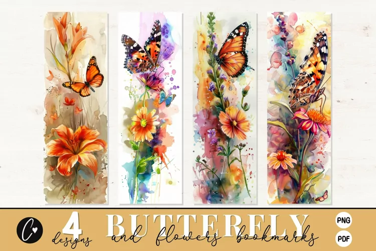 Watercolor Butterfly and Flowers Bookmark Designs