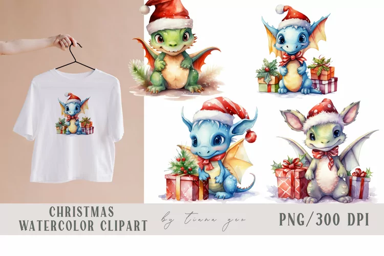 Cute Christmas dragons with gift box clipart- 4 png files