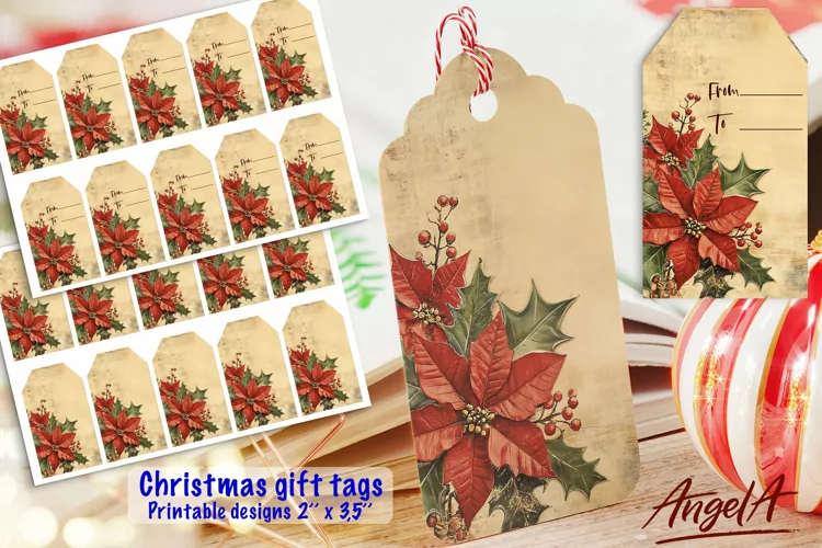 Printable Christmas gift tags PDF / poinsettia / retro paper